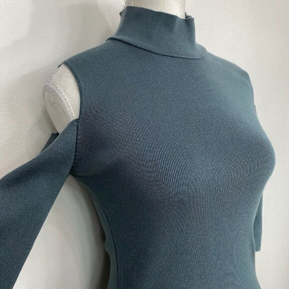 BSL MUTED BLUE COLD SHOULDER MOCK NECK KNITTED BODYCON MIDI DRESS - XS - Picture 4 of 8